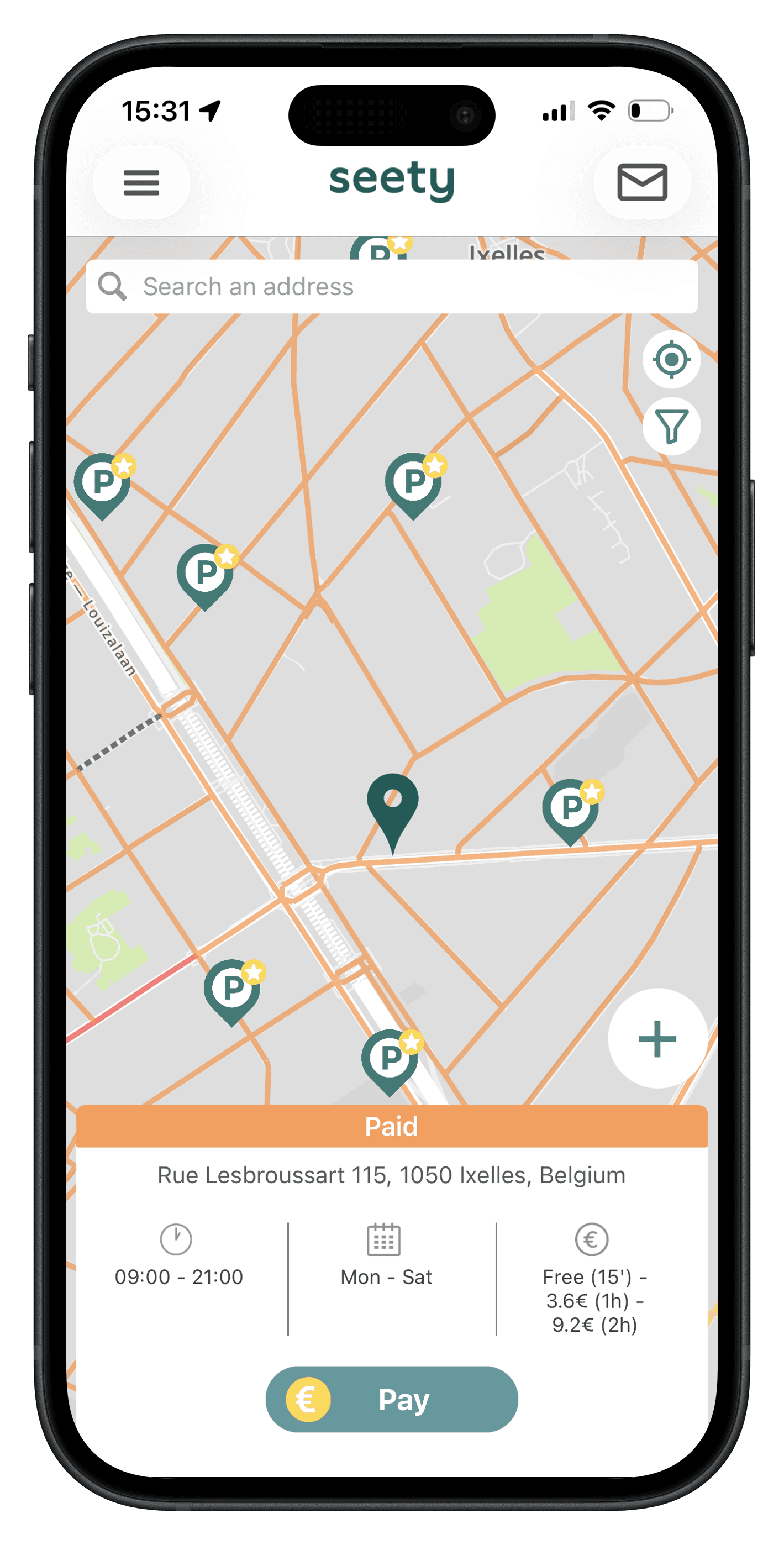Mobile phone showing the Seety app parking session screen