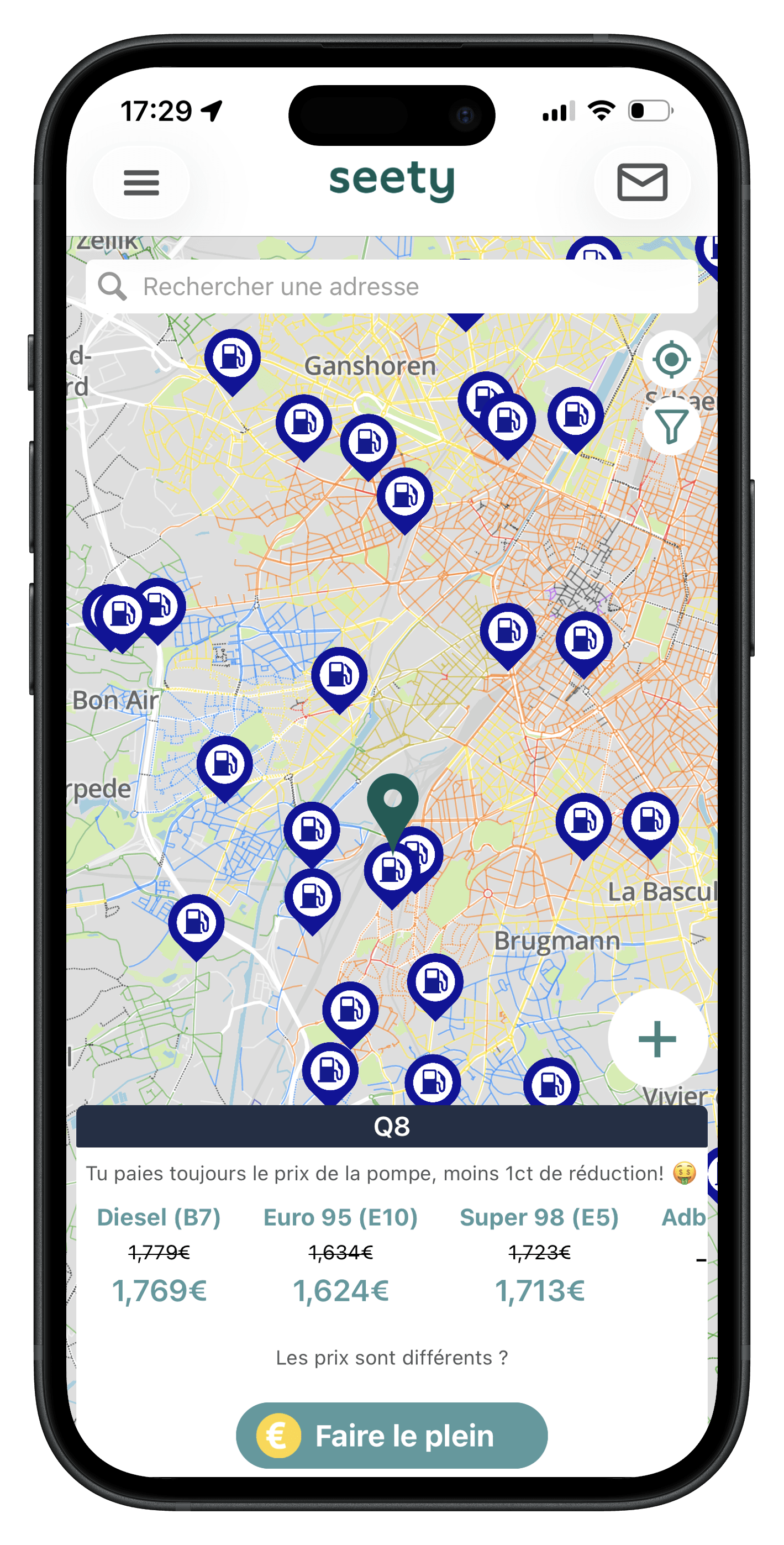 Flux carburant dans l'application Seety